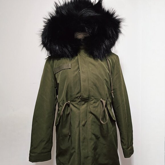 New Real Finnish Raccoon Fur-Lined Parka Coat Jacket Hood Military Army Green M - Picture 1 of 6